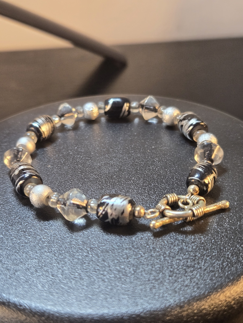 Handcrafted Black and Silver Beaded Bracelet with Toggle Clasp